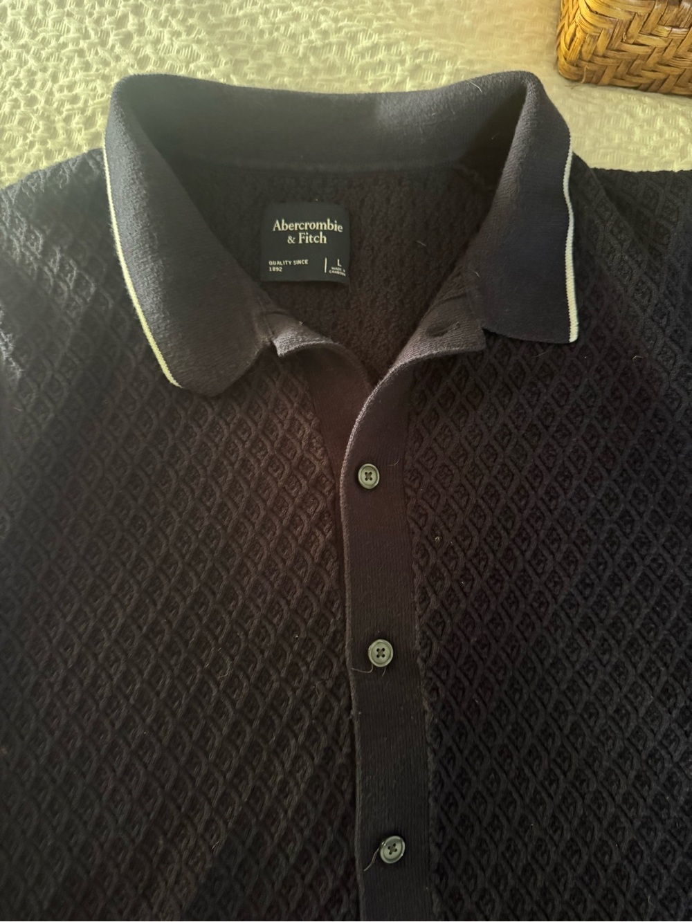 Abercrombie & Fitch Men's Dark Navy Textured Polo with Contrast Piping